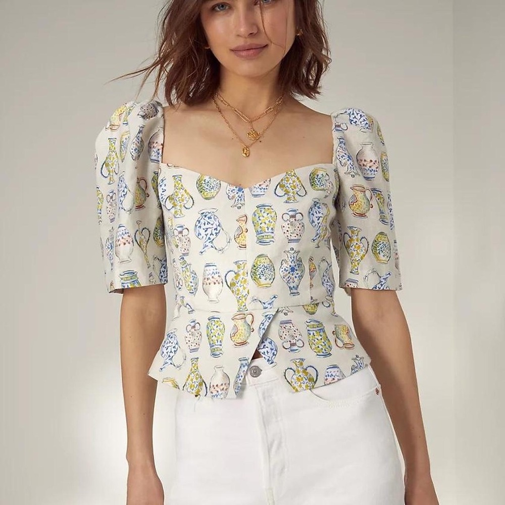 Wilfred Aritzia Linen Smocked Puff Sleeve Fatale Vase Print Blouse XS